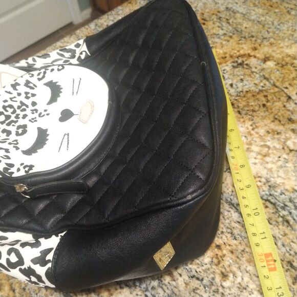 Luv Betsey Johnson Kitsch Backpack Leopard Cat Medium Bag Purse Black White - Picture 13 of 14